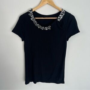 Magaschoni Sweater Small Silk Cashmere Black Beaded Knit Short Sleeve Top